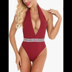 Dark red V-neck bodysuit lingerie